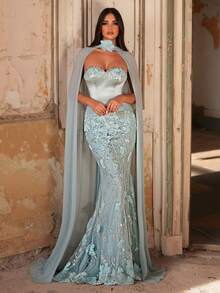 Glamrae 优雅奢华的绿色3D立体花朵串珠弹力针织美人鱼裙，性感无肩带设计，适合婚礼、派对、度假、盛大晚宴等场合（装饰繁复） - 草綠色 - 查看 8