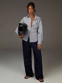 Athîral 女士休闲通勤条纹系腰衬衫，秋季款 - 黑與白 - 查看 3