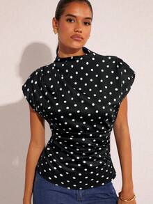 COSMINA Polka Dot Waist Ruched Asymmetric Short Sleeve Casual Commuter Chic Polka Dot Blouse Batwing Sleeve Top - Black - View 3