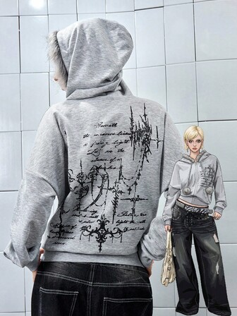 Felpa con cappuccio da donna con stampa vintage a croce, effetto tie-dye, stile street chic Y2K Y3K futuristico, con tasche con chiusura lampo