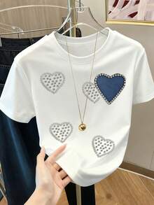 Resyla 女式常规款心形与仿珍珠优雅短袖圆领 T 恤，夏季 - 白色 - 查看 5