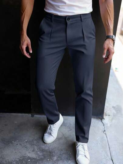Manfinity Bizformal Pantalones casuales y versátiles de color liso con cintura plisada y trabillas