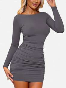 INAWLY Vestido corto de manga larga y ajustado con fruncidos en color liso para mujeres - Púrpura polvoriento - Ver 6