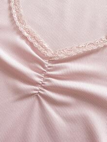 Rina Fox Áo thun dài tay họa tiết ren kẻ sọc dễ thương, thanh lịch, thời trang dành cho nữ - Hồng - Xem 4