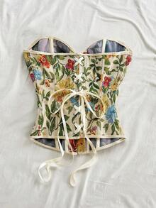 Soleia Vintage Palace Style Colorful Floral Jacquard Print Tube Crop Top With Button And Tie Back For Women, Vacation - Multicolor - View 2