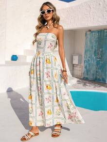 Vivid Eden 女士休闲露背吊带连衣裙，艺术印花图案，适合户外活动、度假和春夏季节穿着。 - 彩色 - 查看 1