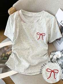 Resyla Women's Casual Bow Print Short Sleeve T-Shirt, Summer - Grey - View 1