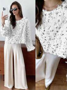 Elyressa 1件装 时尚蓬松亮片欧式宽松圆领套头毛衣，短款柔软舒适优雅女士冬季毛衣 - 白色 - 查看 1