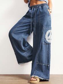 Bohemela 女士休闲纯色阔腿牛仔裤 宽松牛仔裤 带图案牛仔裤 - 藍色 - 查看 1