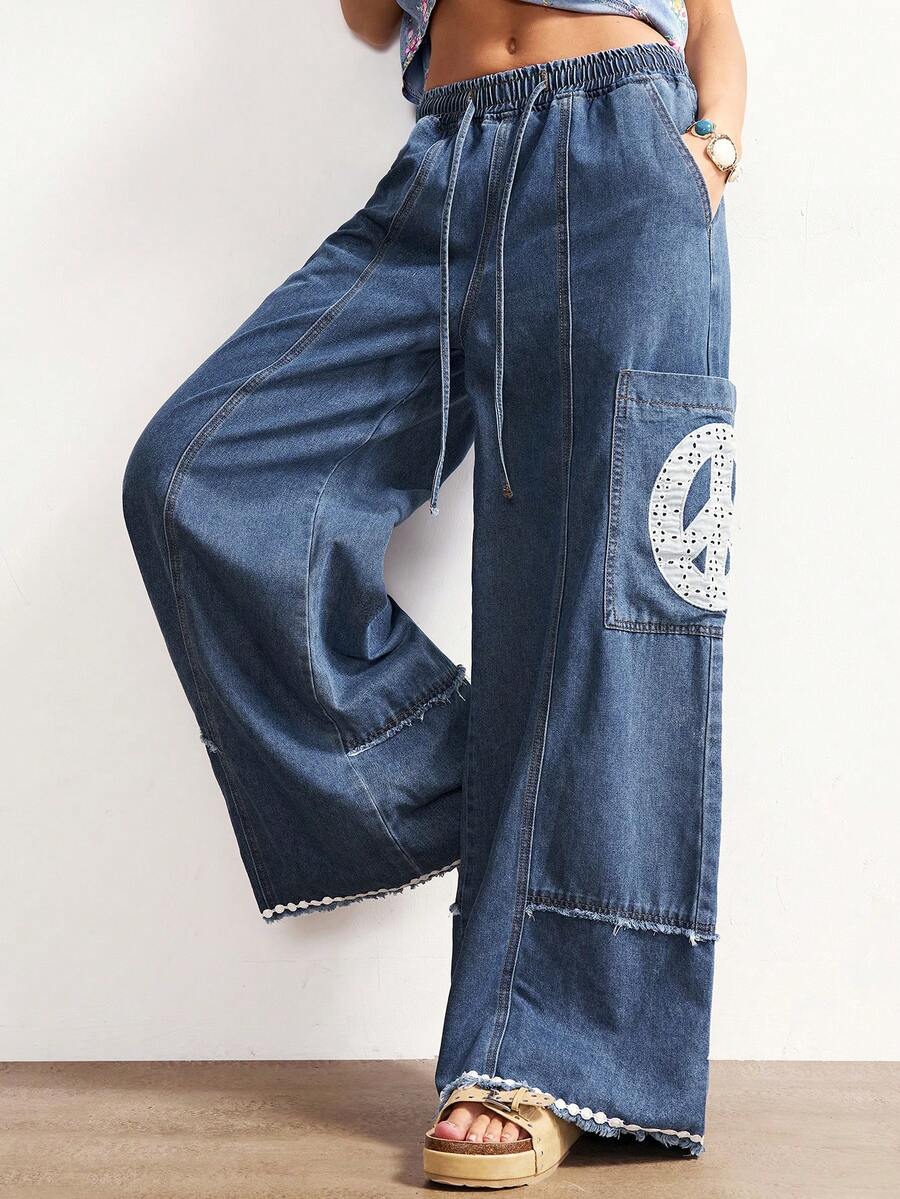Bohemela 女士休闲纯色阔腿牛仔裤 宽松牛仔裤 带图案牛仔裤 - 藍色 - 查看 1