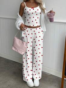Aloruh 2pcs Women's Summer Casual Heart Allover Print Bow Tie Spaghetti Strap Top And Pants Set, Valentine's Day Outfit, Suitable For Valentine's Day Date, Y2K - Multicolor - View 9