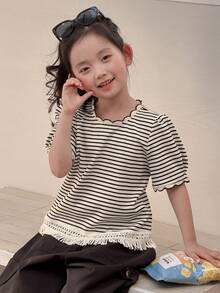 DAZY 女童圆领条纹短袖休闲T恤，夏季