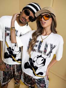 Felix The Cat X SHEIN 1 Set Men's Casual Fashion Street Cartoon Tree & Letter Print Loose Drop Shoulder T-Shirt And Drawstring Waist Contrast Striped Side Shorts Set, Summer - White - View 1