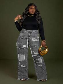 CurvyTilda Quần jeans ống rộng, rách, rách, giặt thường ngày cỡ lớn - Màu Xám nhạt - Xem 4