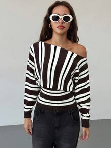 Aloruh 棕白撞色条纹蝙蝠袖修身套头毛衣，适合年轻时尚女性，女士毛衣，春季、冬季、新年、派对等场合，优雅百搭。 - 棕色 - 查看 6