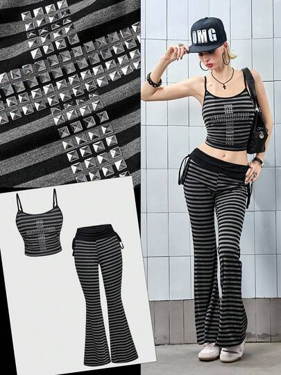 Grunge Punk Conjunto de 2 piezas de top corto con rayas, remaches y cruz estilo punk sexy Y2K y pantalones acampanados para mujeres