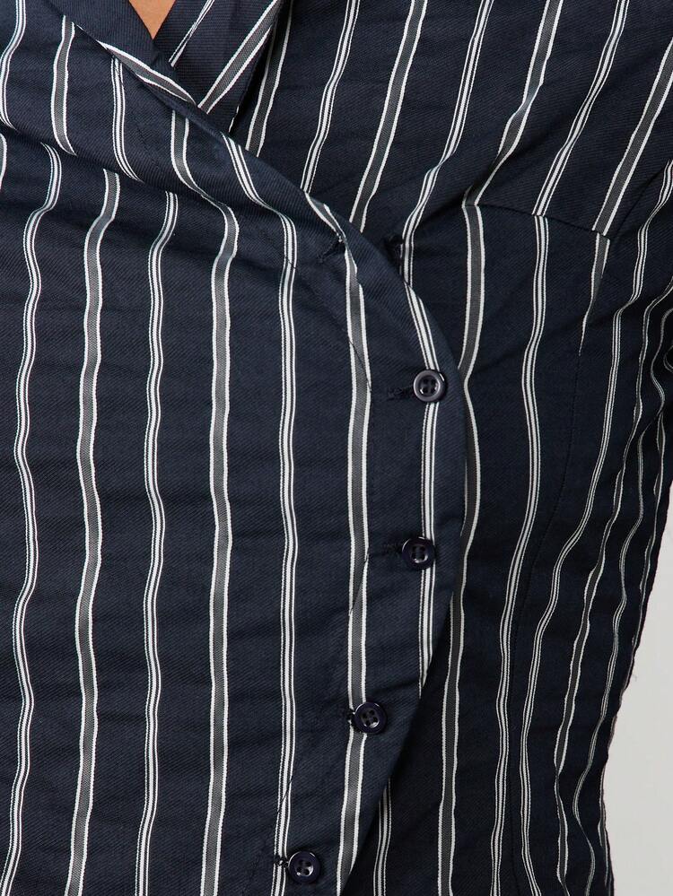 MISSGUIDED Asymmetric Fitted Stripe Button Down Shirt Long Sleeve Collared Office Business Professional Work Blouse Fall Winter