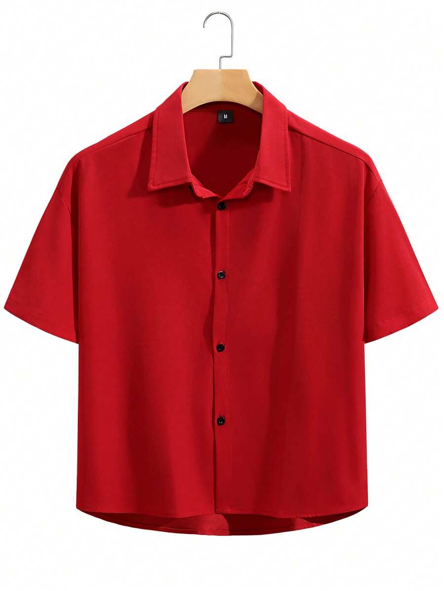 Manfinity Homme Men's Solid Color Short Sleeve Single-Breasted Casual Shirt - Red - View 1