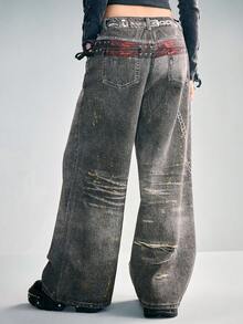 ROMWE Grunge Punk Y2K Vintage Chain Print Loose Wide Leg Jeans For Women - Black - View 3