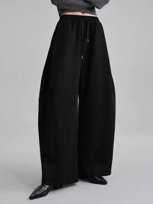 Ontre Women's Striped Sweatpants, Elastic Waist, Casual Barrel Leg Pants, Suitable For Urban Commute, Business, Casual, Office Wear, Elegant Party, Wedding Guest Attire, Summer, Romantic, Fashionable - Black - View 4