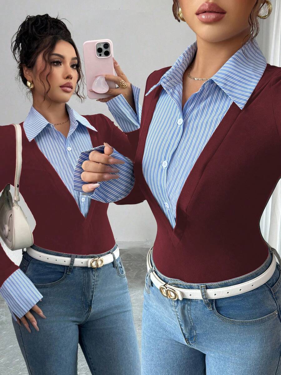 SHEIN Unity 女款優雅拼接條紋收腰長袖上衣 - 酒紅色 - 查看 1