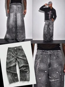 ROMWE MEN Street Life 男士交叉图案口袋阔腿宽松休闲牛仔裤 - 黑色 - 查看 6