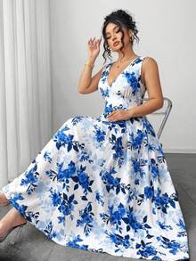 Elenzga Plus Size Women's Elegant Floral Print V-Neck Sleeveless Waist Cinched A-Line Dress, Early Spring Garden Party Formal Dress Blue And White Floral Dress Prom - Blue - View 8