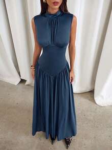 Aloruh 湖蓝色针织高领无袖喇叭下摆连衣裙 - 藍色 - 查看 7