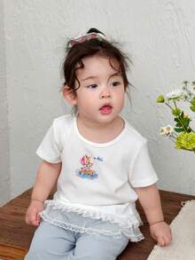 DAZY Toddler Girls' Casual Round Neck Letter Print Ruffle Hem T-Shirt