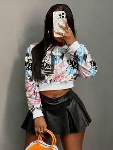 Slaydiva 休闲简约运动街头风涂鸦百搭派对机场装，泼墨印花英文字母粉蓝图案，舒适宽松短款女式卫衣，适合秋冬季穿着。 - 彩色 - 查看 3