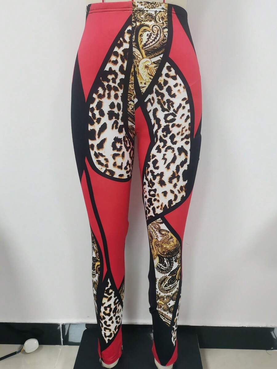 EMERY ROSE Của phụ nữ Báo In Gầy Dài Quần - Đỏ - Xem 1