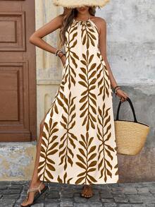 Brillora Đầm nữ cổ yếm buộc dây tua rua xẻ cao hở lưng in họa tiết phong cách thường ngày đi biển nghỉ mát - Nhiều màu - Xem 5