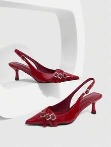 CUCCOO SZL Women's Fashion Buckle Pointed Toe High Heel Pumps, Burgundy - Burgundy - View 8