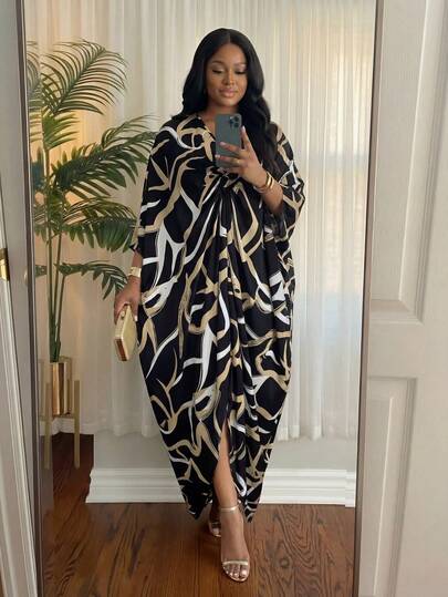 SHEIN Lady Plus Size Moderiktig Festklänning Med Heltäckande Tryck Och Fladdermusärm