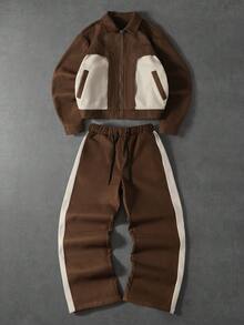 PAVTROS Men's Brown And White Contrast Color Zip Front Jacket And Pants Casual Suit,,Y2k,Mardi Gras,Streetwear,Vintage,Vacation,Autumn,Work,Lapel Suit - Brown - View 3