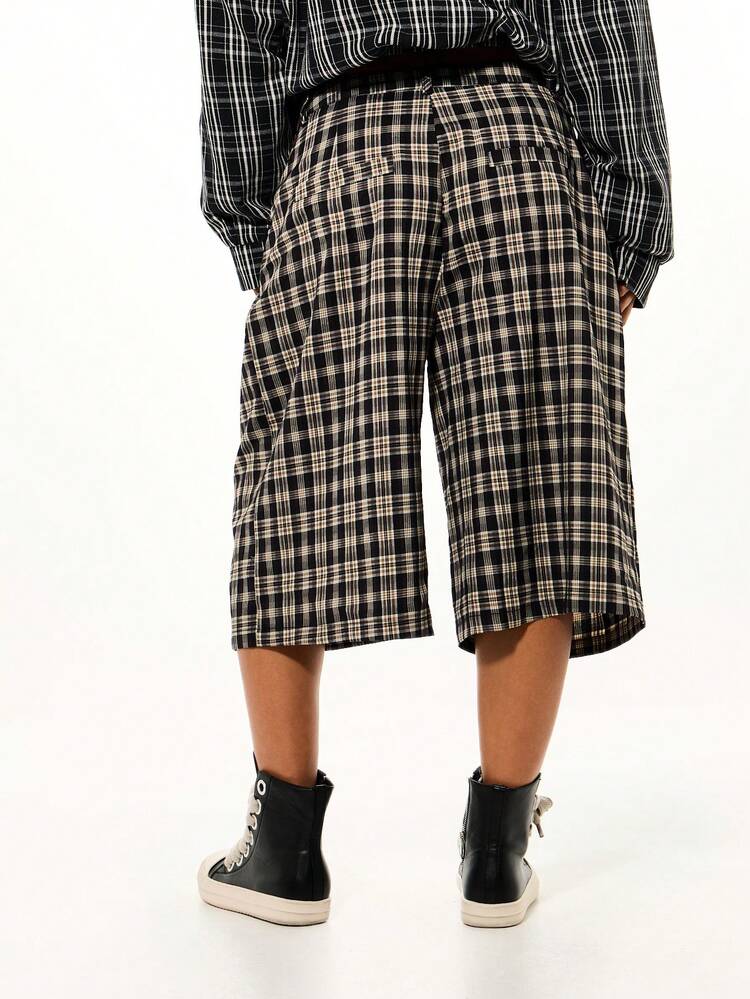 SUMWON WOMEN Pantalones cortos tipo cargo de tiro alto, de pierna ancha y a la rodilla, con bolsillos laterales, a cuadros, de estilo casual para otoño e invierno