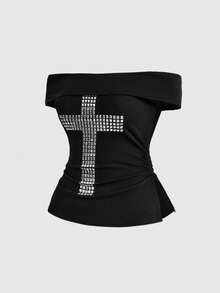 ROMWE Grunge Punk Top corto negro sin tirantes con cordón y adornado con tachuelas y cristales, estilo Y2K - Negro - Ver 1