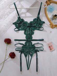 SHEIN Floral Lace Backless Teddy Bodysuit Lingerie - Dark Green - View 2