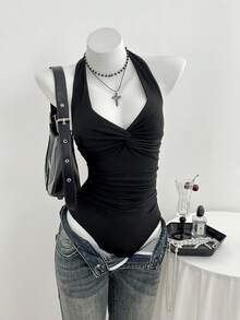 Elamini 女士V领前扭结休闲连体衣，性感简约，春夏款 - 黑色 - 查看 1