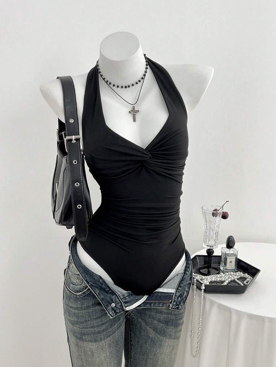 Elamini 女士V领前扭结休闲连体衣，性感简约，春夏款 - 黑色 - 查看 1