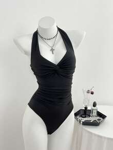 Elamini 女士V领前扭结休闲连体衣，性感简约，春夏款 - 黑色 - 查看 6