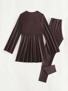 Swim Mulvari Women's 2 Pieces Burkini Set: Solid Color Long Sleeve Top With Flared Sleeves, Metal Buckle Collar & Long Waistband + Black Pants, Suitable For Spring Vacations - Brown - View 8
