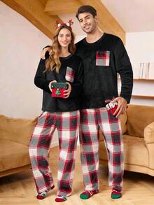 SHEIN 男士法兰绒格子印花舒适家居服套装，圣诞节，蓬松冬季服装 - 黑色 - 查看 5