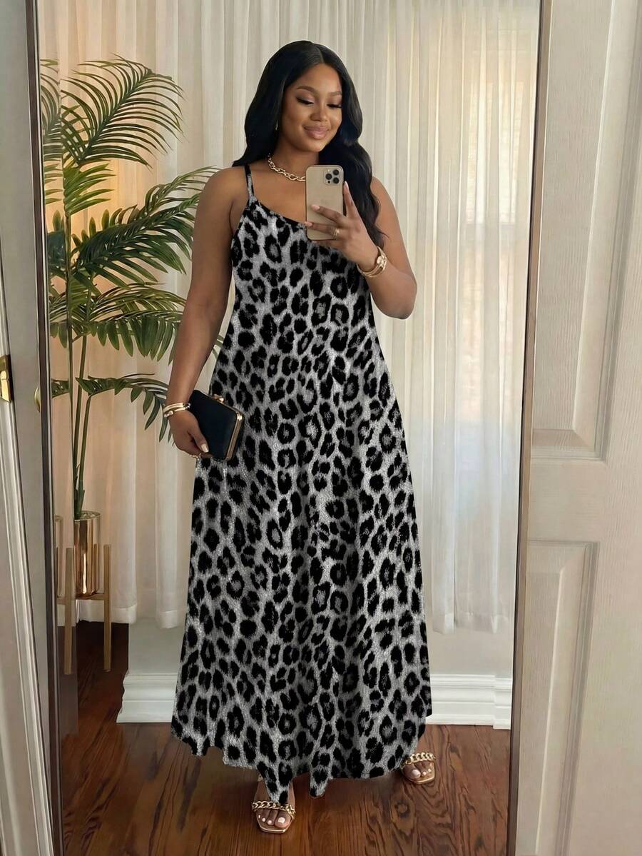 SHEIN Lady فستان كاجوال بحمالات رفيعة مطبوع بنقشة نمر للبيع في الربيع والصيف، فستان تنورة للسهرات المناسبة والشاطئ بمقاسات كبيرة، فستان مربعات شعبي إفريقي