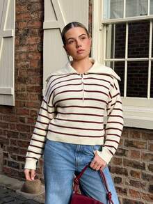 Bethéva Casual Striped Long Sleeve Half-Zip Pullover Fall - Burgundy - View 5