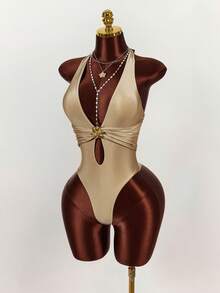 Amplova 女士性感连体泳衣，水滴形镂空露背挂脖设计，金色花朵装饰 - 駝色 - 查看 4