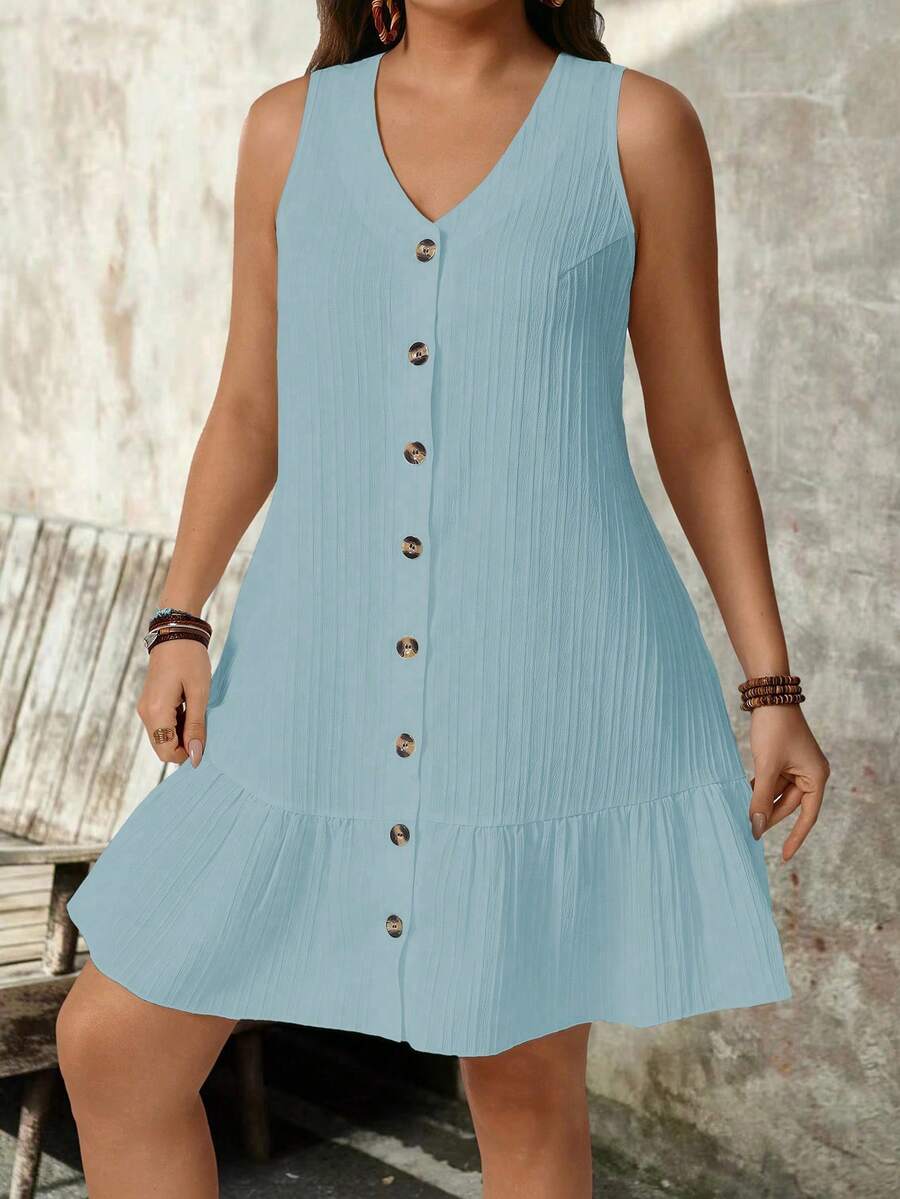 SHEIN PETITE Plus Size Women Sleeveless V-Neck Textured Fabric Dress - Baby Blue - View 1