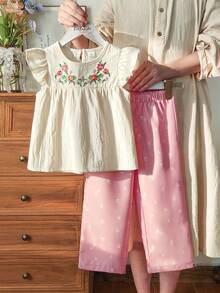 Vintaside Kids 女童花卉刺绣衬衫和碎花裤套装 - 白色 - 查看 6