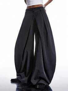 LYSMO 女士条纹褶裥口袋阔腿宽松休闲裤 - 深灰色 - 查看 4