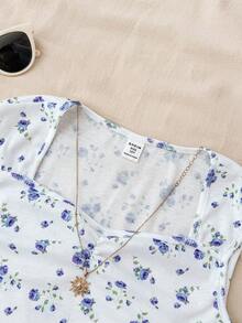 Tween Girl White Floral Knit Solid Ruched Bust Sweet Girl's School Casual Shoulder T-Shirt, Suitable For Back-To-School, Cute, Holiday Family Outdoor Fall Picnic, Everyday Wear - White - View 6